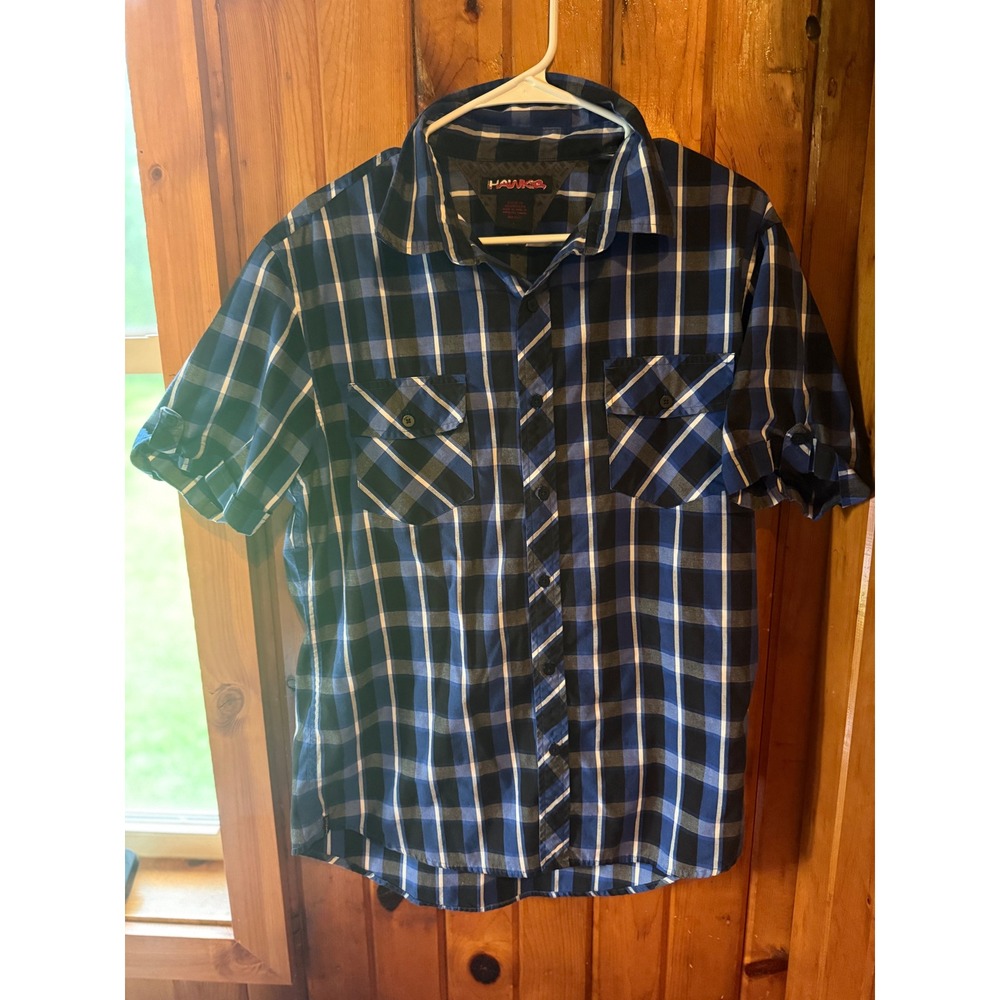 Hawke Men's Plaid Short Sleeve Button Up Shirt Casual Blue Black Size‎ Large